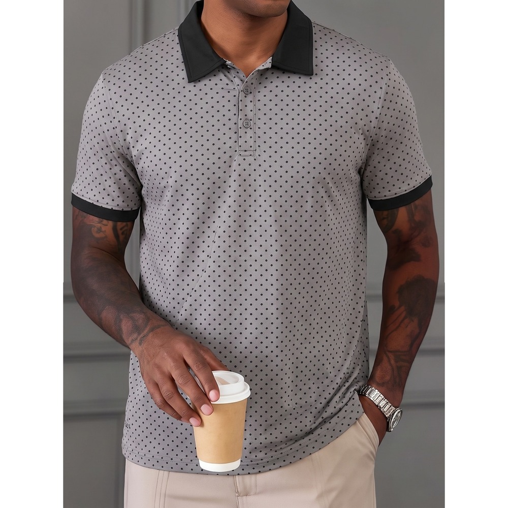 BYLT Drop Cut Lux Polo Mens XL Grey Polka Dot Short Sleeve Shirt